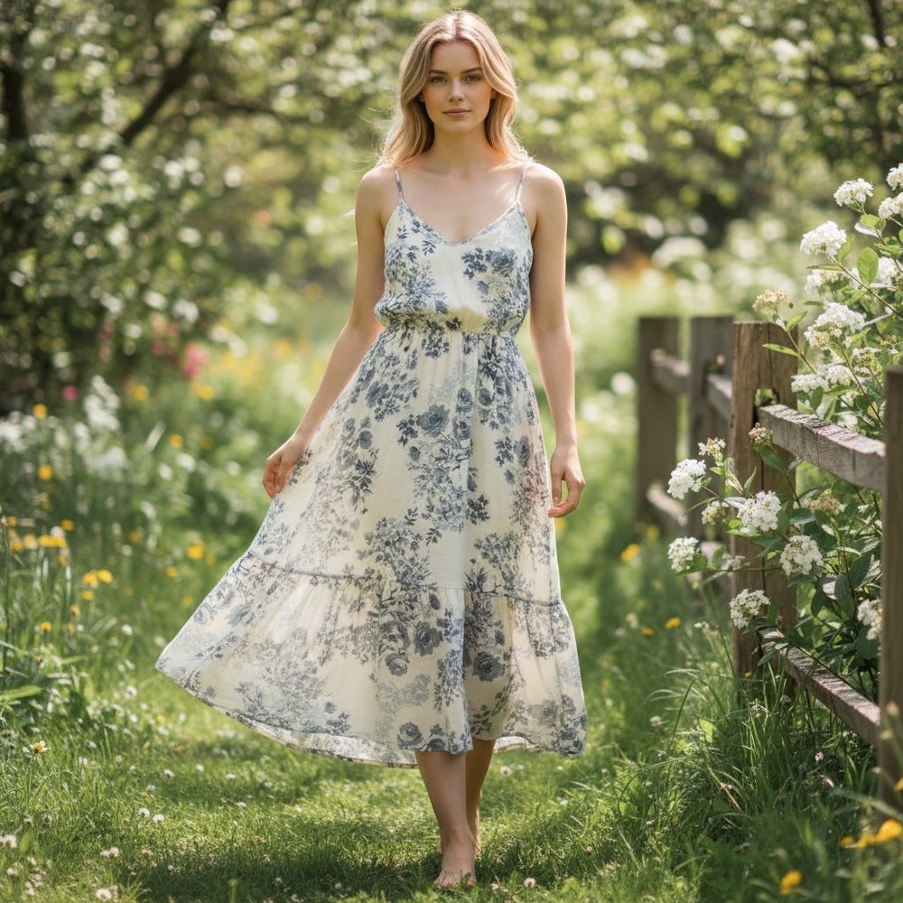 Lovestitch Womens M Blue Floral Midi Dress‎ Cream Boho Ruffle Tassel Belt